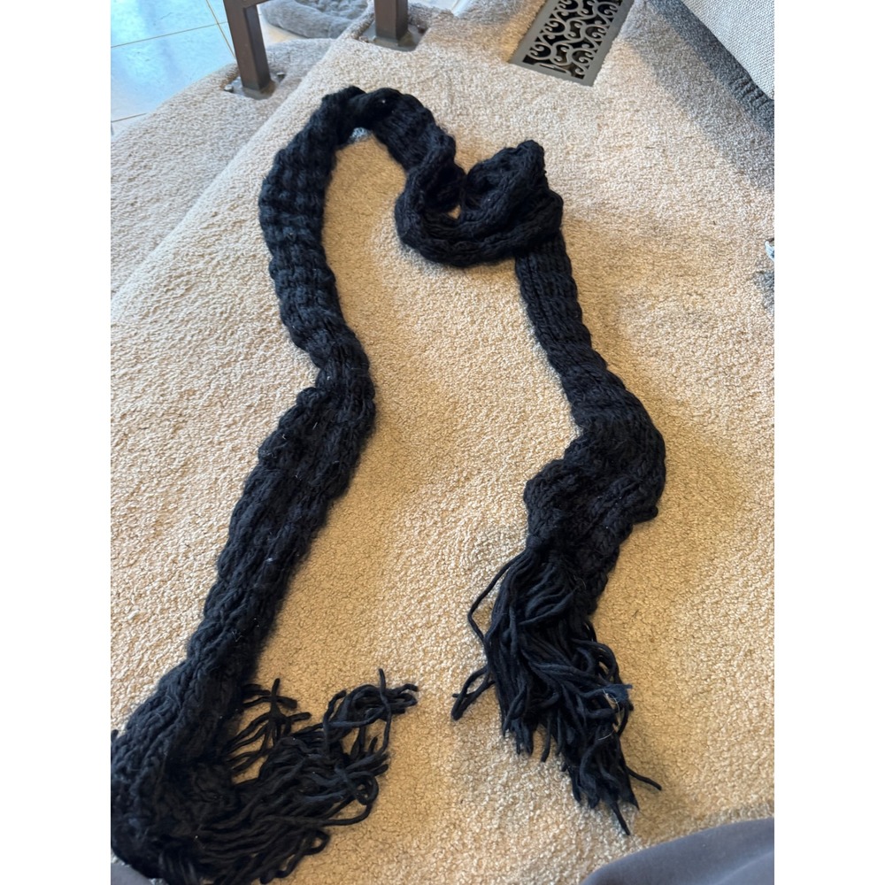 Black Chunky Knit Extra Long Fringe Scarf Soft Winter Wrap Tassel Muffler